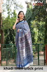 Khadi linen block print saree SILK ZONE